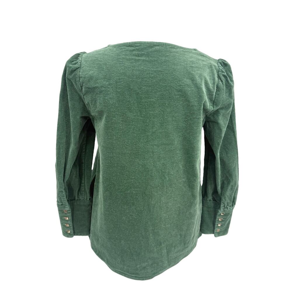 Tuckernuck Womens S Green Corduroy Tunic Top Puff Sleeve Gold Stud Cuff Babydoll - Picture 3 of 10
